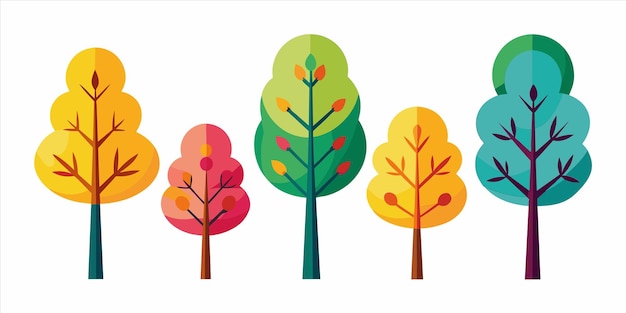 Vector una colección de árboles con diferentes colores y la palabra otoño