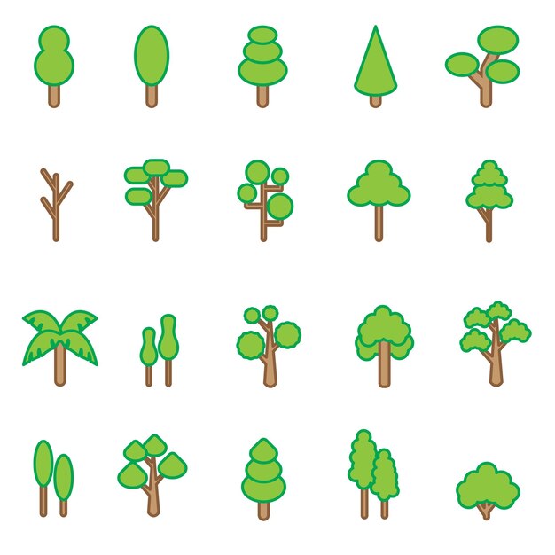 una colección de árboles diferentes con diferentes formas y tamaños de árboles