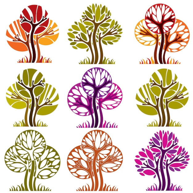 La colección de árboles estacionales vectoriales de arte se puede utilizar como símbolo de diseño en el tema de la ecología y la naturaleza. Tema de jardinería, símbolos botánicos.