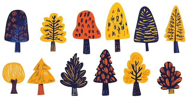 Colección de árboles estilizados de otoño de varias formas y colores