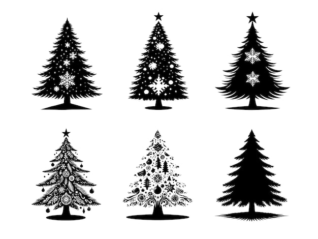 una colección de árboles de Navidad con copos de nieve y un fondo blanco