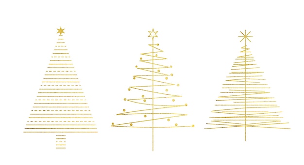 Colección de árboles de Navidad con formas de textura dorada Conjunto de iconos de pino Árboles de abeto dibujados a mano