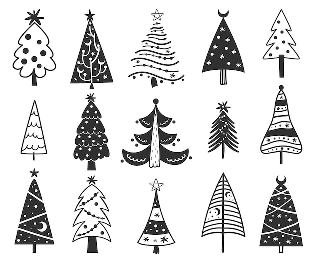Colección de árboles de Navidad. Ilustración de vector de tarjetas de felicitación, invitaciones de Navidad y álbumes de recortes