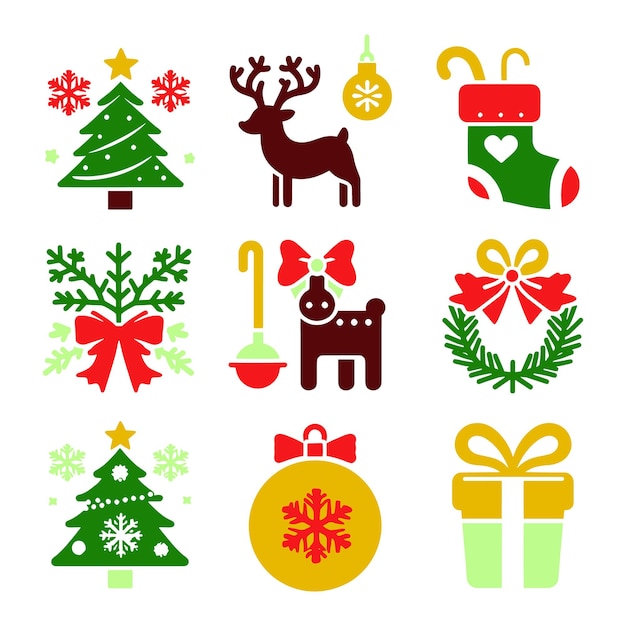 una colección de árboles de Navidad, incluidos copos de nieve de Santa y elementos navideños