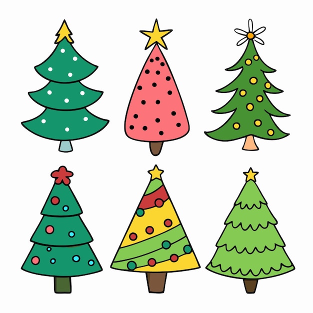 una colección de árboles de Navidad incluyendo uno de ellos con una estrella en la parte superior