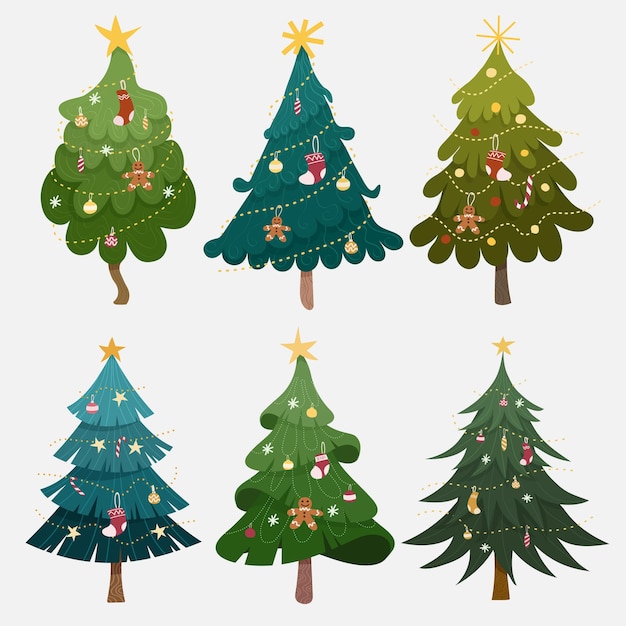 Vector colección arboles de navidad planos dibujados a mano