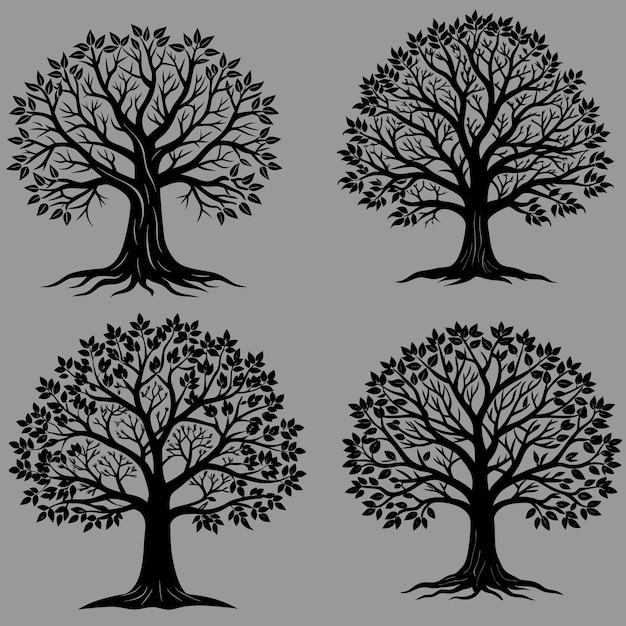Colección de árboles negros silueta de una planta exótica Ilustración vectorial aislada