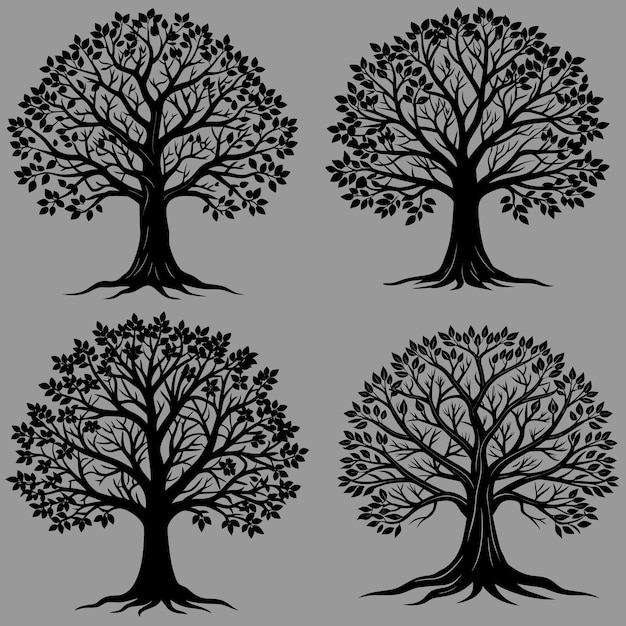 Colección de árboles negros silueta de una planta exótica Ilustración vectorial aislada