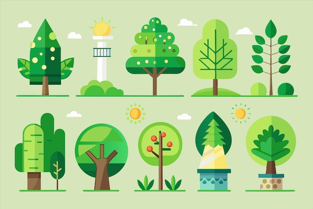 una colección de árboles, plantas y un faro