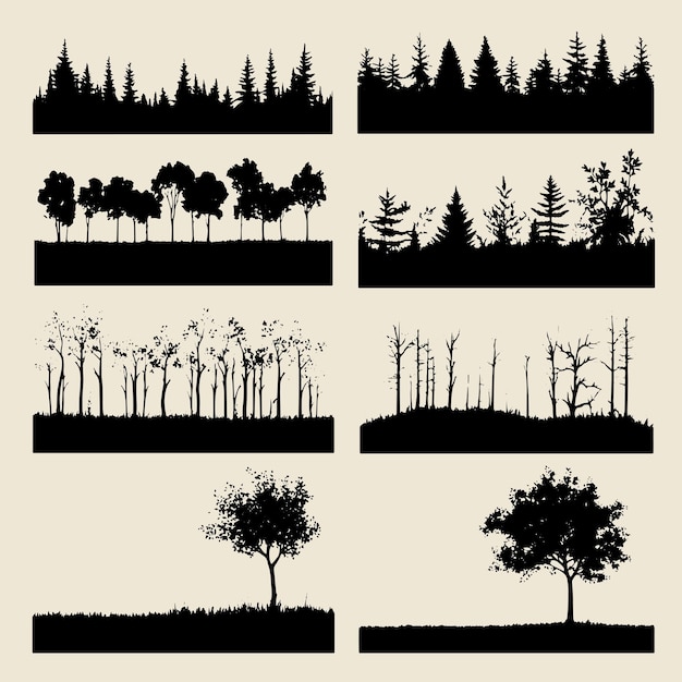 Colección de árboles silhouettados del bosque