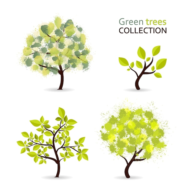Vector colección de árboles verdes con diferentes hojas estilizadas conjunto de símbolos de estilo ecológico ilustración de fondo de diseño ecológico