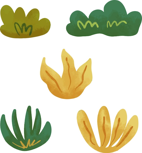 Colección de arbustos sobre un fondo blanco Flor de arbusto verde Conjunto de hierba verde Conjunto de flores coloridas