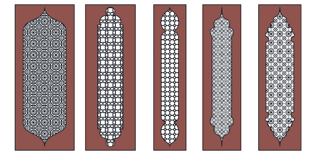 Colección de arcos y puertas de ventanas orientales árabes Parrilla cortada con láser Diseño moderno en marcos negros Cúpula de mezquita y linternas Ramadán islámico kareem y estilo eid mubarak Ilustración vectorial