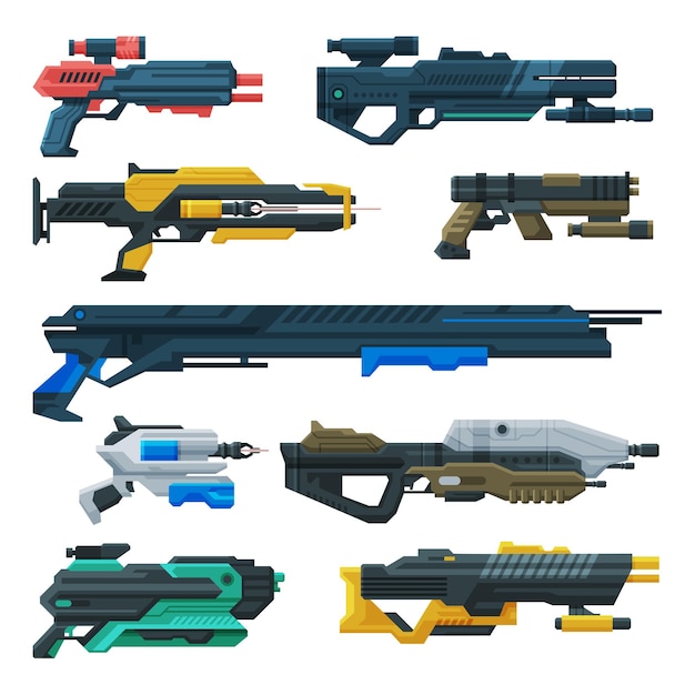 Colección de armas espaciales futuristas Blasters Armas de mano fantásticas Ilustración vectorial de armas alienígenas