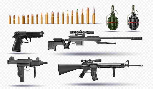 una colección de armas, incluida una que tiene un arma en el centro