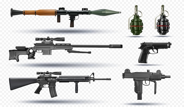 una colección de armas, incluida una que tiene un arma en ella
