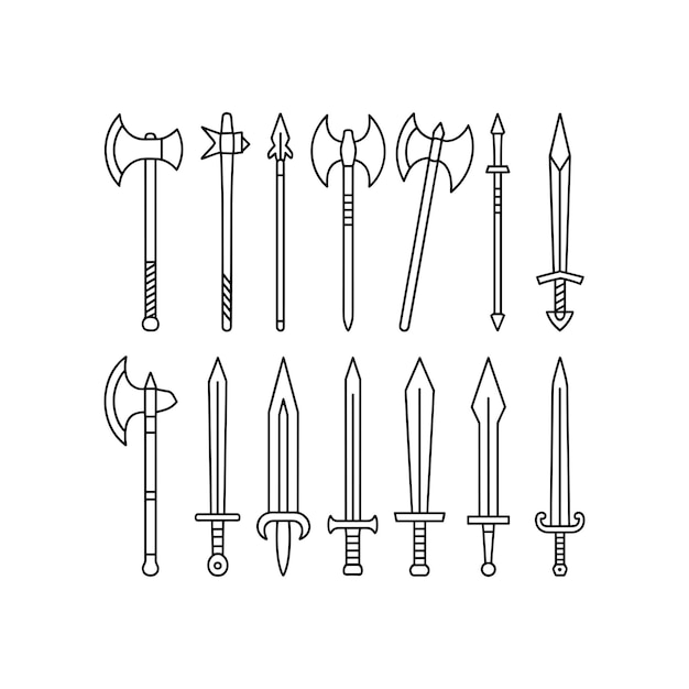 Colección de armas lineales dibujadas a mano para el combate medieval y la batalla de fantasía