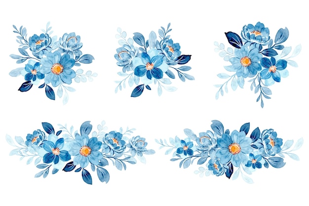 Vector colección de arreglo floral azul con acuarela