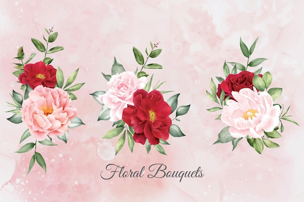 Colección de arreglos florales en acuarela con flores y hojas dibujadas a mano