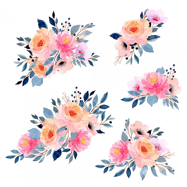 colección de arreglos florales acuarela con hojas azules