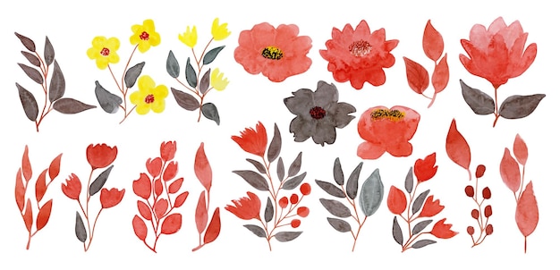 Colección de arreglos de ramos de rosas rojas de acuarela con hojas