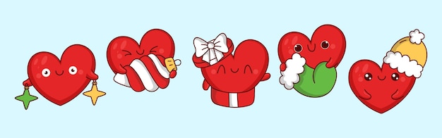 Colección de arte de corazón de Navidad vectorial conjunto de ilustración de personajes de año nuevo para pegatinas