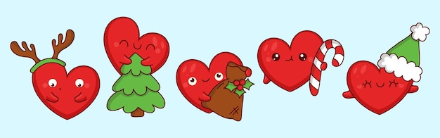 Colección de arte de corazón de Navidad vectorial conjunto de ilustración de personajes de año nuevo para pegatinas