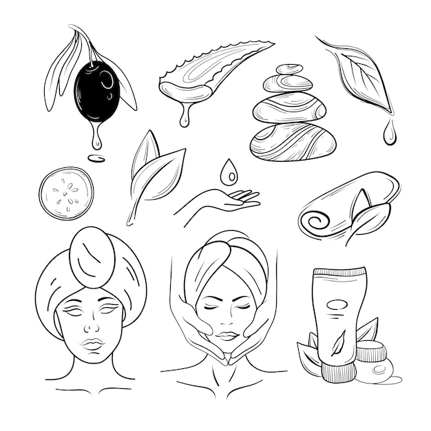 Vector colección de arte de línea de cosmetología y spa mujer cara hojas de olivo y otros ingredientes cosméticos