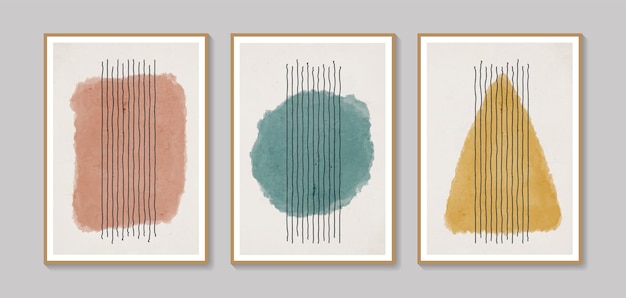 Colección de arte de pared abstracto vectorial con formas de acuarela colores y líneas boho