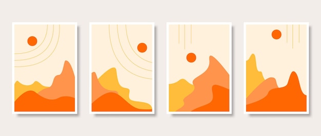 Colección de arte de pared de paisaje de montaña de diseño plano dibujado a mano con sol