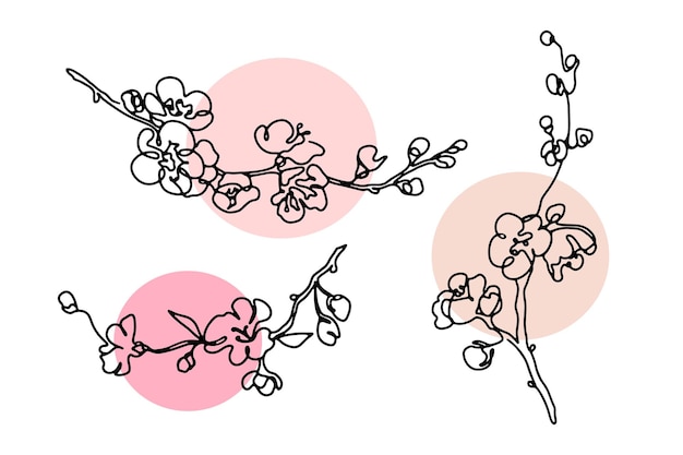 Colección de arte de una sola línea de la rama de la flor de cerezo dibujo abstracto de sakura con forma de color rosa desnudo