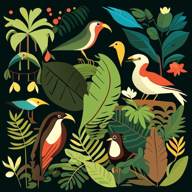 Vector colección de arte vectorial plano del paraíso aviar de la selva tropical