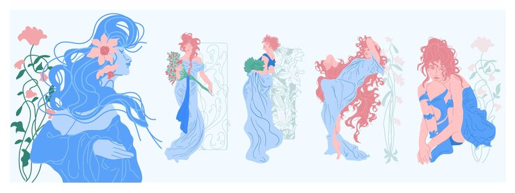 Colección de arte vectorial que muestra a mujeres con intrincados adornos y florales en el estilo Art Nouveau