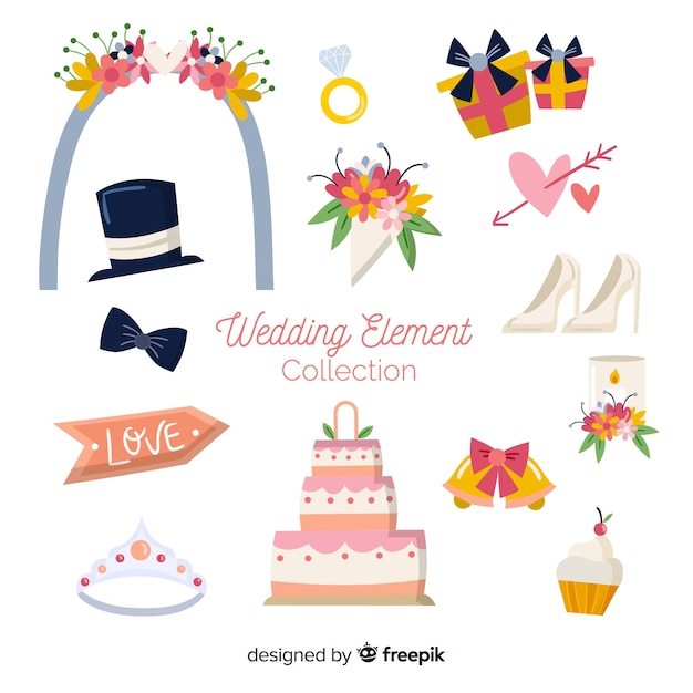 Vector colección de artículos de boda en diseño plano