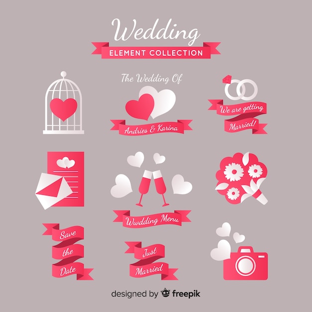 Vector colección de artículos de boda en diseño plano