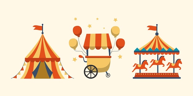 Colección de artículos de circo coloridos para el diseño de entretenimiento