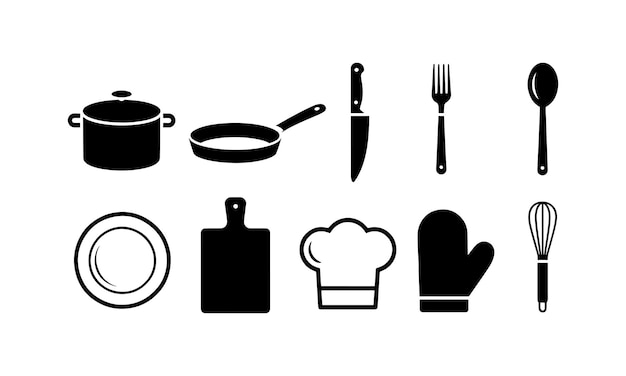 Colección de artículos de cocina y siluetas de utensilios de cocina