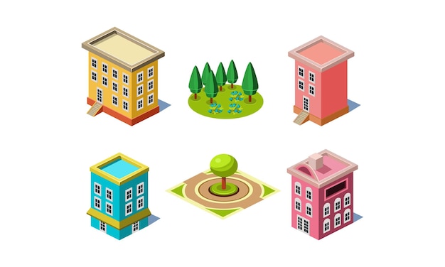 Colección de artículos para el constructor de la ciudad Edificios modernos árboles verdes para el parque Elementos gráficos coloridos para carteles infográficos o aplicaciones móviles Iconos isométricos Ilustraciones vectoriales planas aisladas