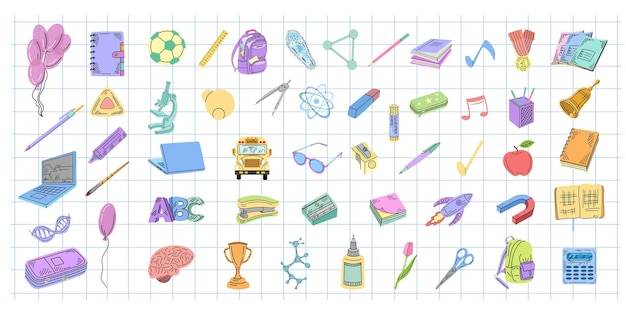Colección de artículos escolares de estilo plano de Back to School Colección de objetos escolares Educación Concepto Ilustración vectorial Back to School
