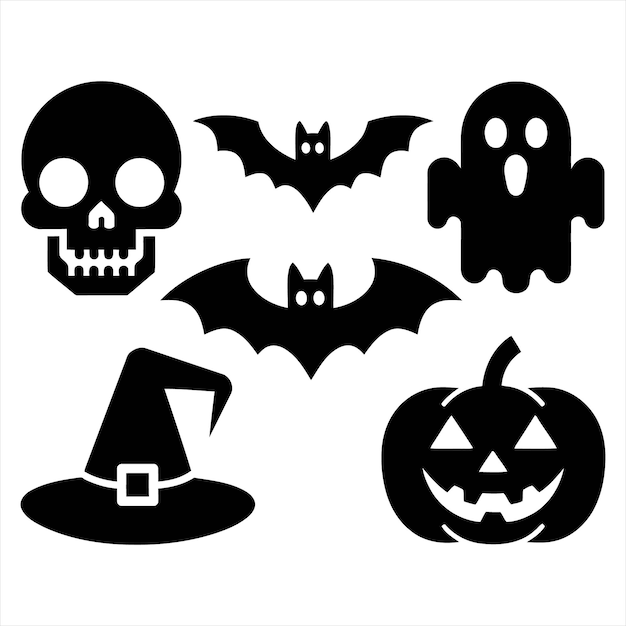 una colección de artículos de Halloween incluyendo una bruja y una bruja