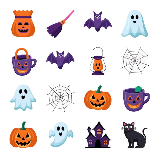 una colección de artículos de Halloween incluyendo una calabaza y un murciélago
