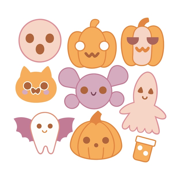 una colección de artículos de Halloween incluyendo calabazas fantasmas y murciélagos