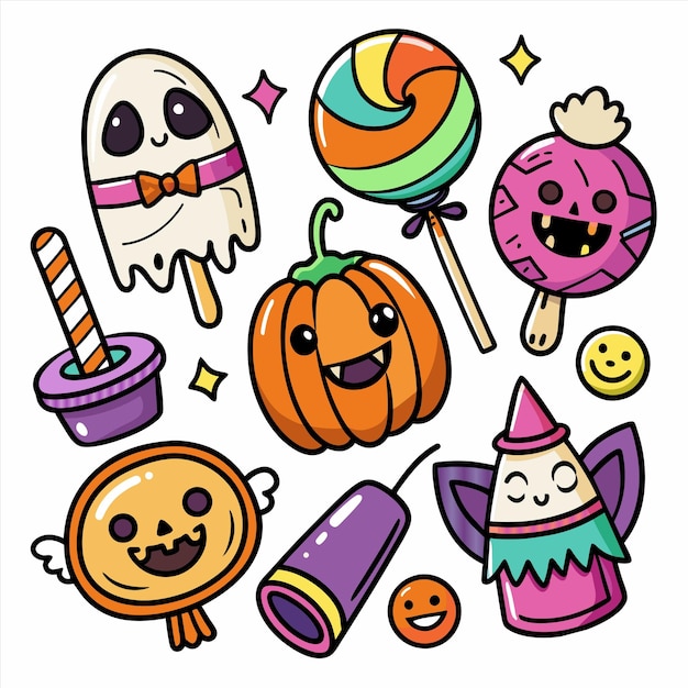 una colección de artículos de Halloween incluyendo un caramelo de calabaza y caramelo