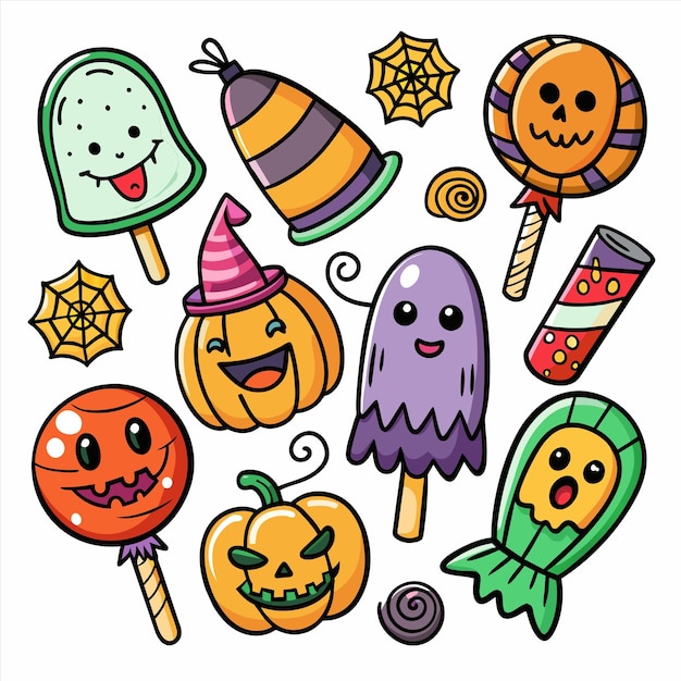 una colección de artículos de Halloween incluyendo caramelos de Halloween y caramelos