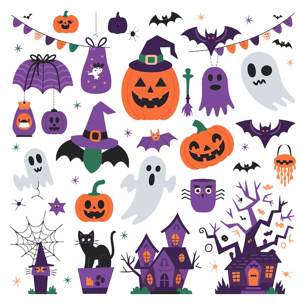 una colección de artículos de Halloween incluyendo una casa con una bruja en la parte superior