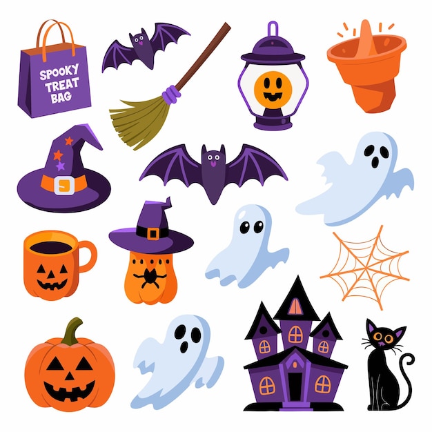 una colección de artículos de Halloween incluyendo espeluznante bruja y bruja