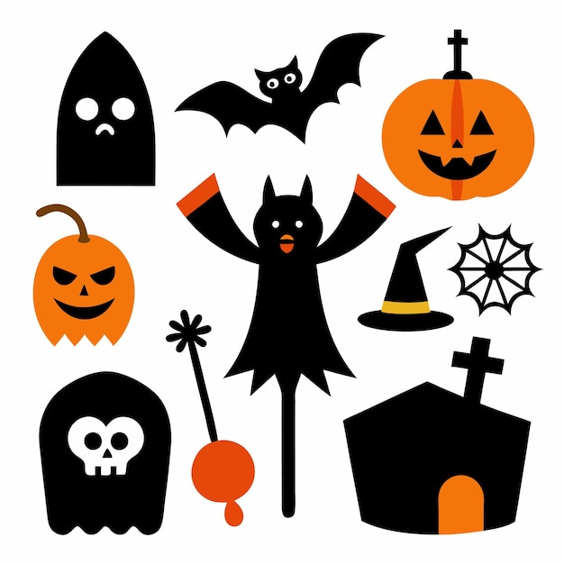 una colección de artículos de Halloween incluyendo un murciélago negro un fantasma azul y púrpura y un murciénago negro