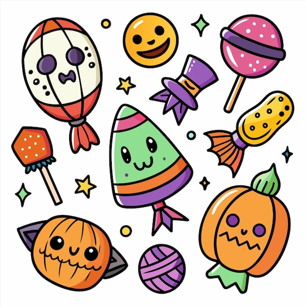 una colección de artículos de Halloween que incluyen calabazas, caramelos y caramelos