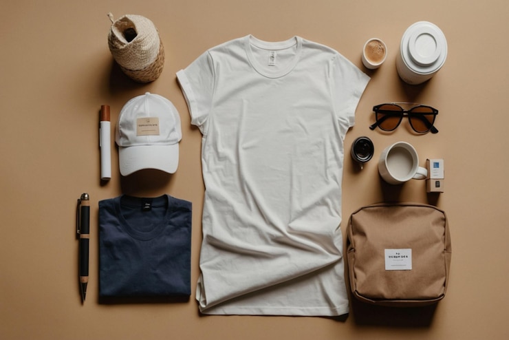Vector una colección de artículos, incluida una camisa, una camisa y una bolsa, se colocan en una mesa
