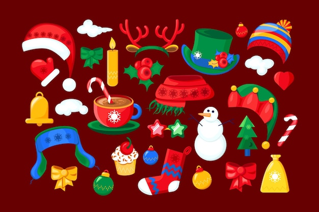 Colección de artículos de Navidad de estilo dibujos animados Símbolos de navidad de invierno Íconos vectoriales de Año Nuevo festivos aislados en un fondo rojo festivo para la decoración del diseño de vacaciones